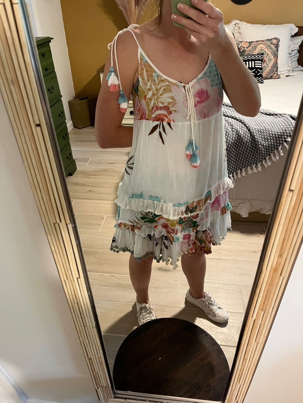 ZL Heart Logo Floral Tiered Mini Dress in White with Pastels